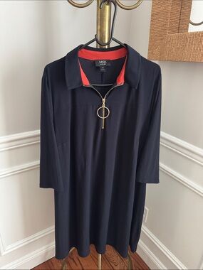 MSK Navy knee length Dress with Red Collar and Gold Ring Zip